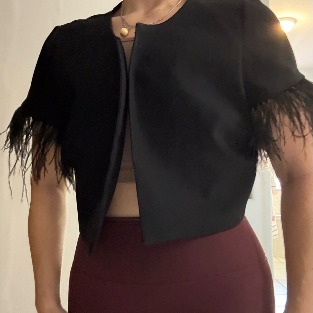 SLAY!!! Black Feather Sleeve Crop Jacket - Picture 12 of 12